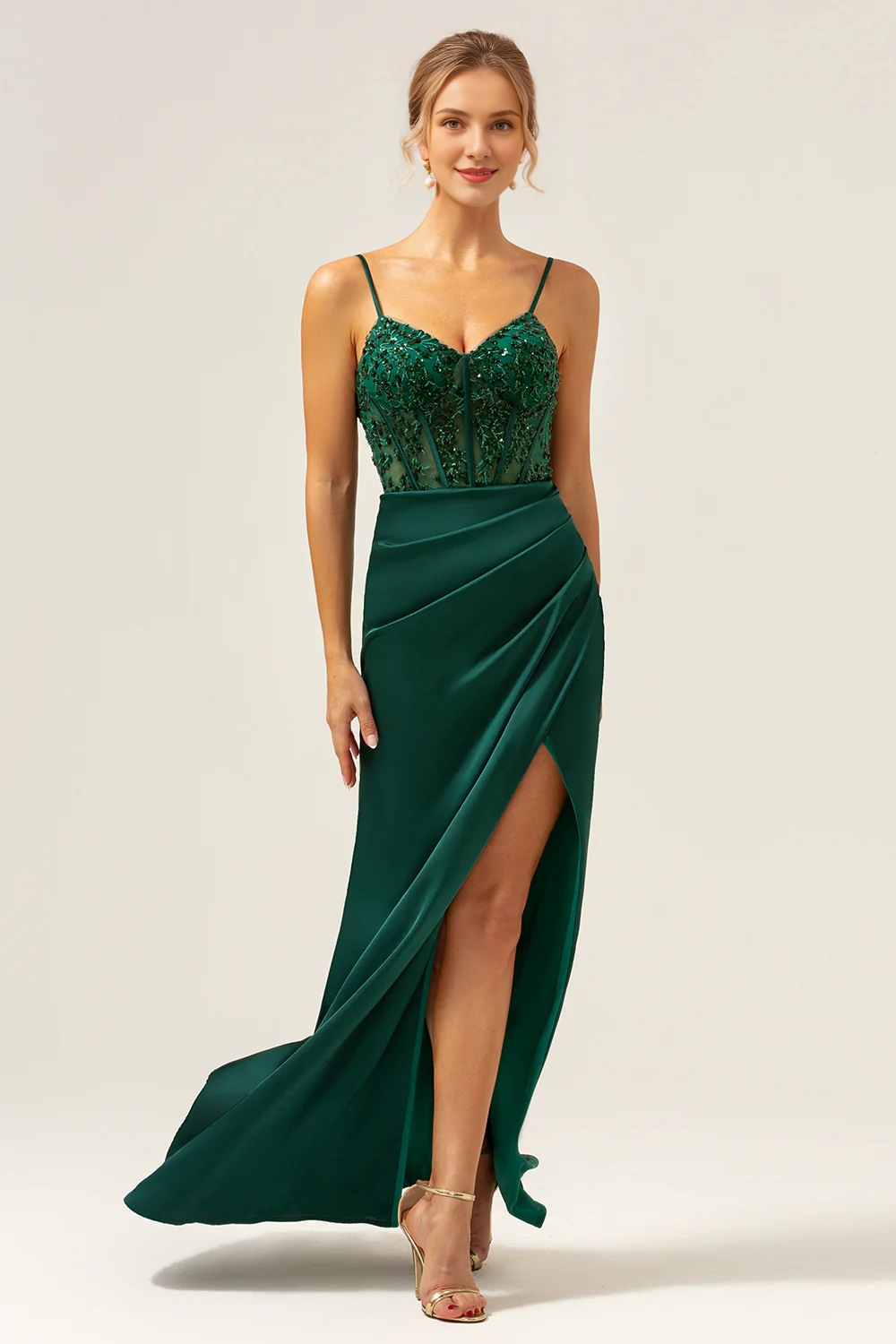 Fish tail thin shoulder strap satin long dark green slit bridesmaid dress