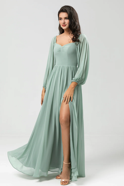 Matcha A-line slit open shoulder chiffon bridesmaid dress