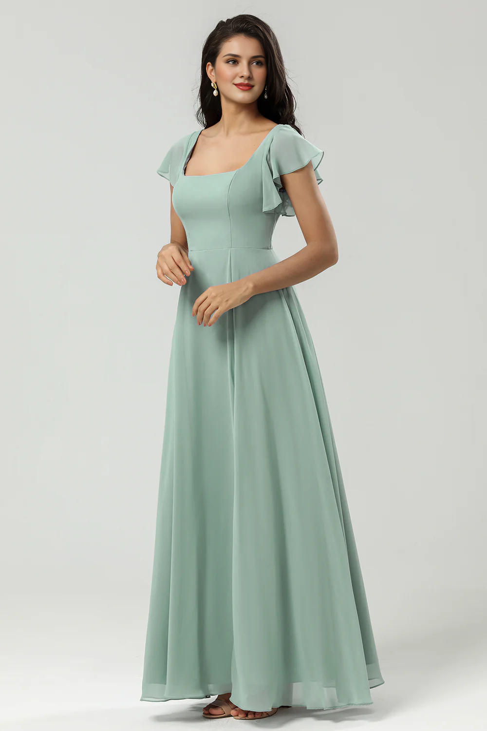 A-line square collar and floor chiffon slit bridesmaid dress