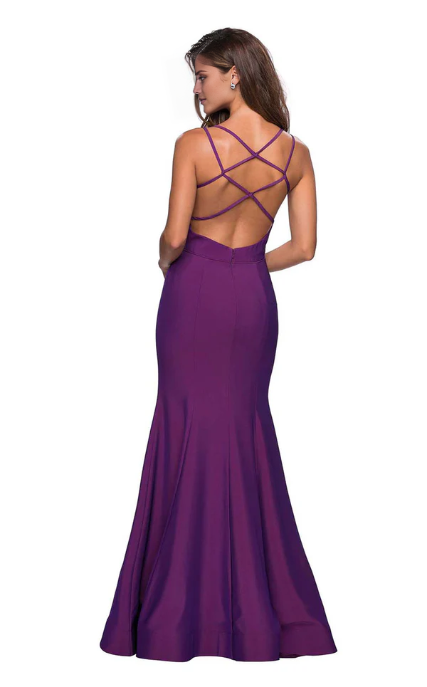 Deep V-neck lace up backless trumpet shaped and floor length evening gown