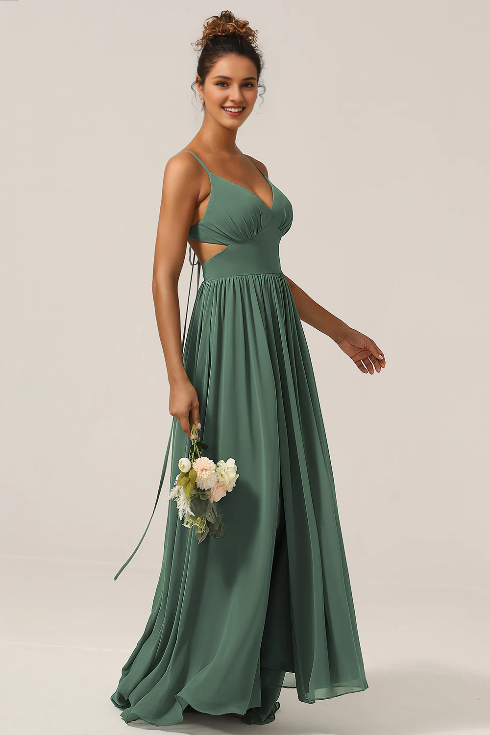 Eucalyptus A-line thin shoulder strap and ground chiffon slit bridesmaid dress