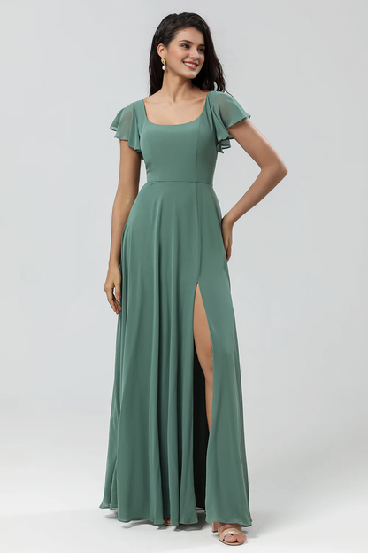 A-line Eucalyptus Long Ruffle Bridesmaid Dress