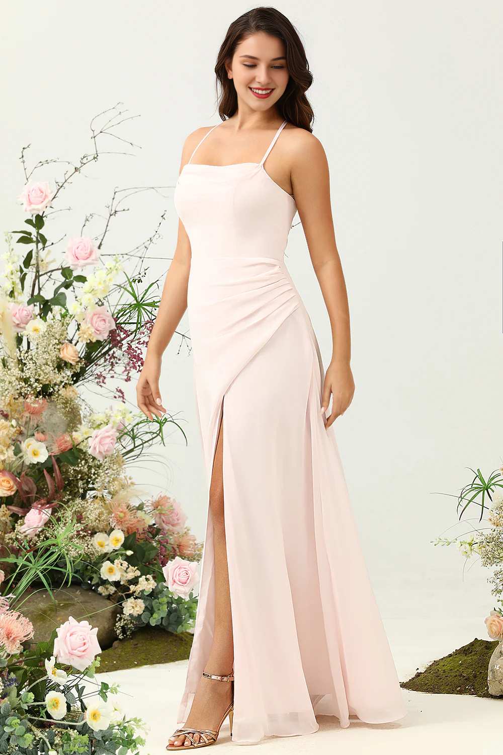 Pink A-line slim shoulder chiffon slit bridesmaid dress