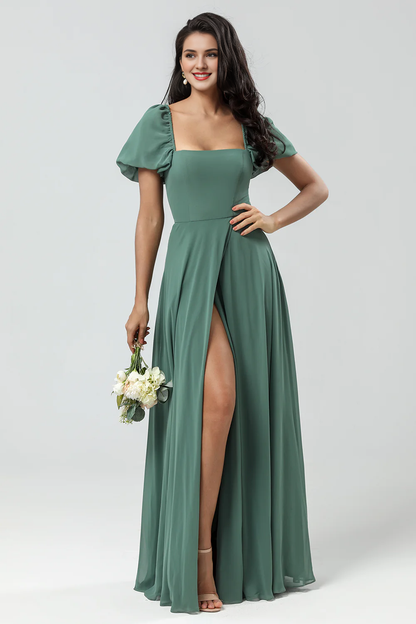 A-line chiffon bubble sleeve eucalyptus color slit bridesmaid dress