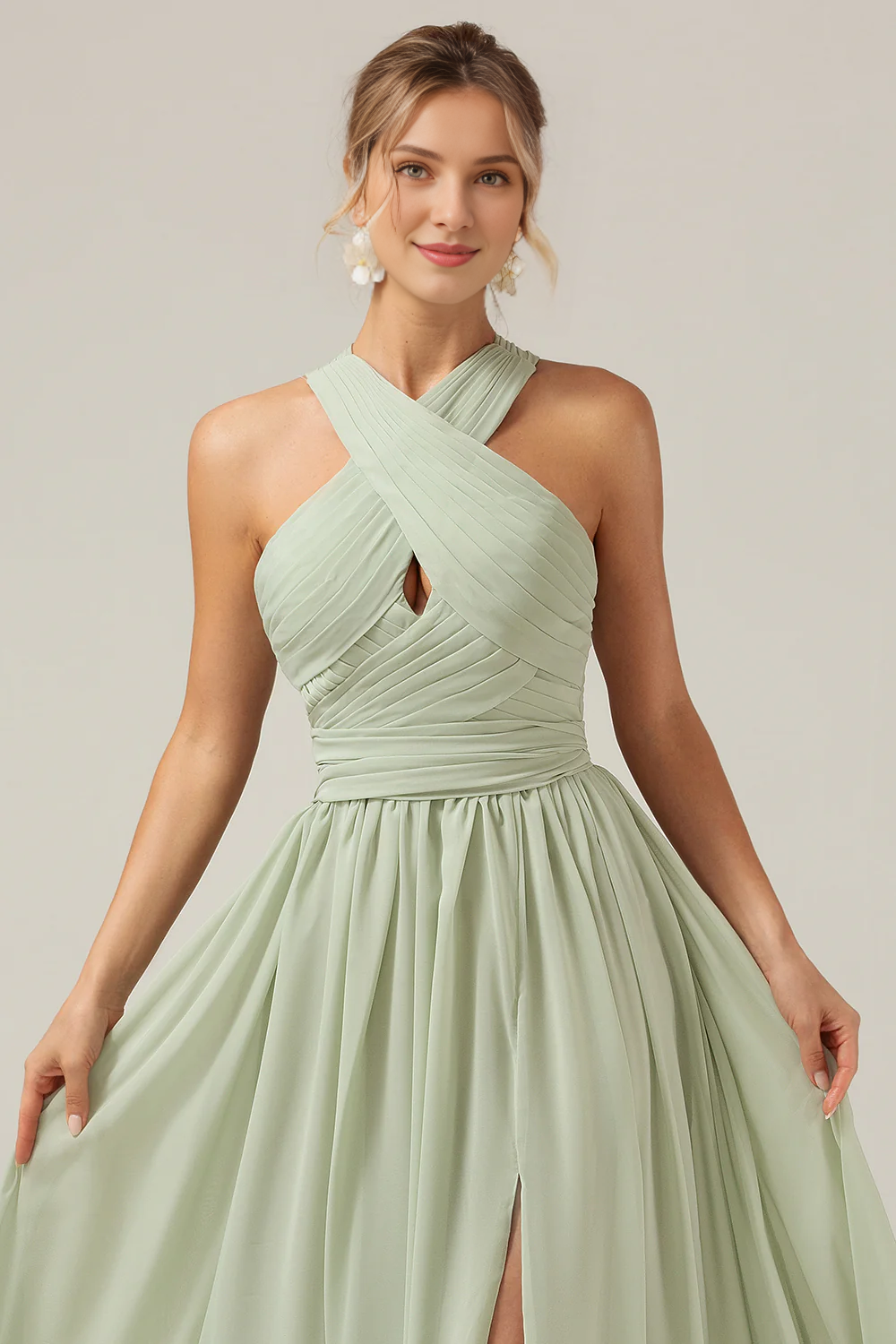 Dusty Sage A-line neck hanging pleated long bridesmaid dress