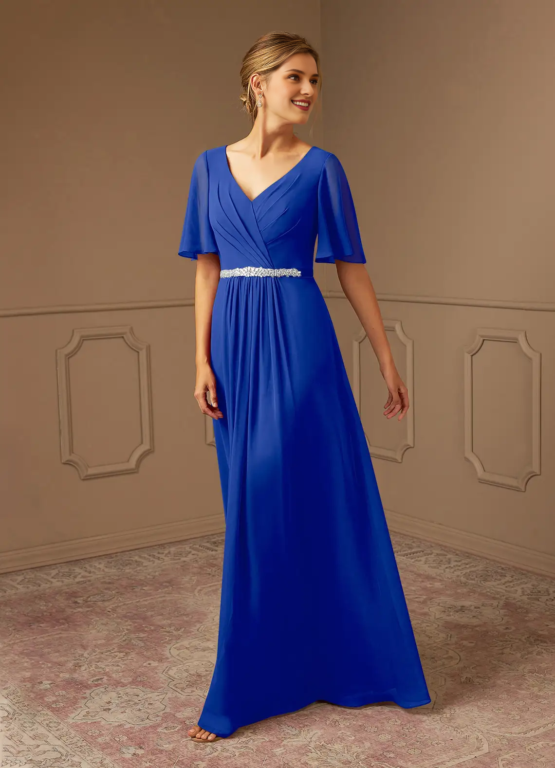 A-line V-neck pleated chiffon and floor length mother of bride dress