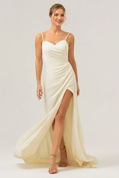 Ivory tight thin shoulder strap pleated long slit satin bridesmaid dress