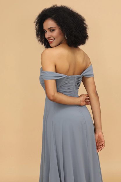 Grey blue A-line shoulder length chiffon bridesmaid dress