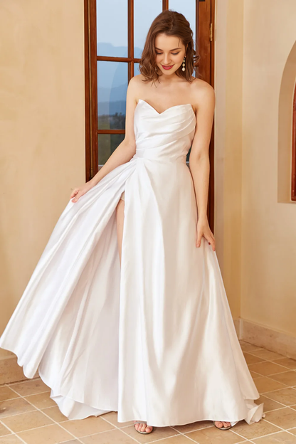 White slit satin sweetheart and floor length wedding dress