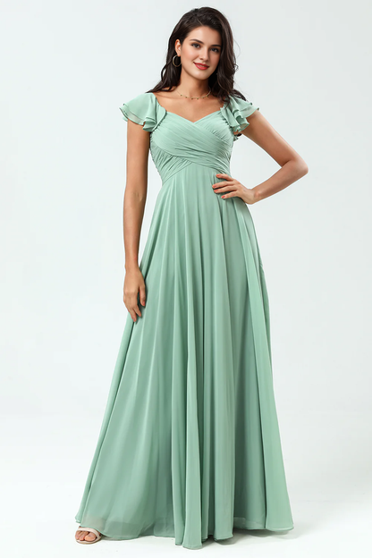 Lace up back cross A-line chiffon green ruffled bridesmaid dress