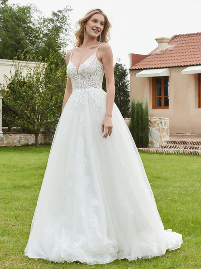 Thin shoulder strap V-neck backless bridal gown