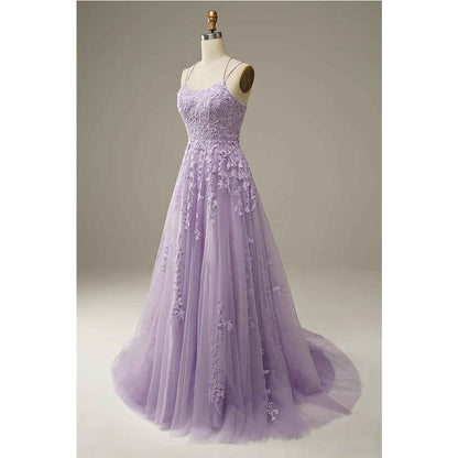 Purple sheer A-shaped sticker prom dress