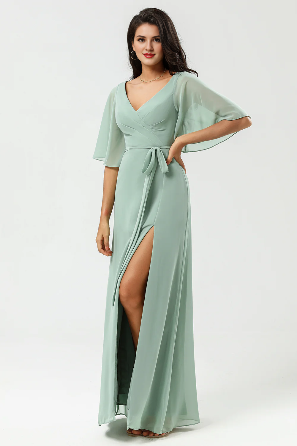 A-link V-neck long chiffon matcha slit bridesmaid dress