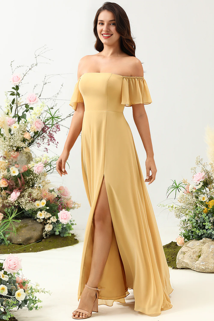 Yellow ruffled A-line shoulder chiffon long bridesmaid dress