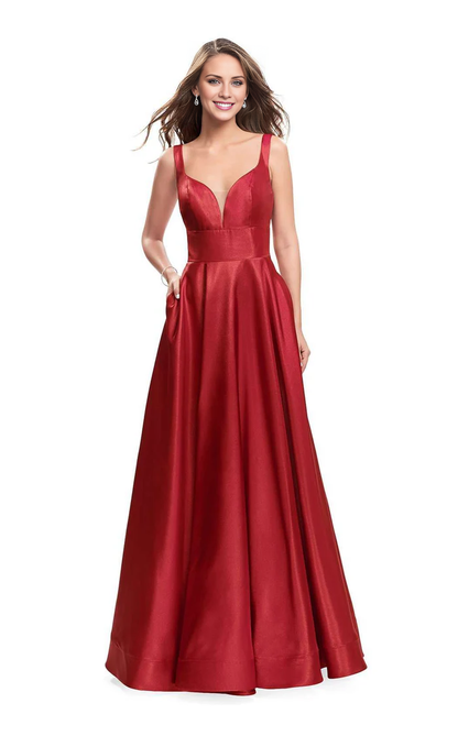 V-neck cross back satin long thin shoulder strap and floor length evening gown