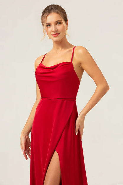 Wine red A-line collar slit long satin bridesmaid dress