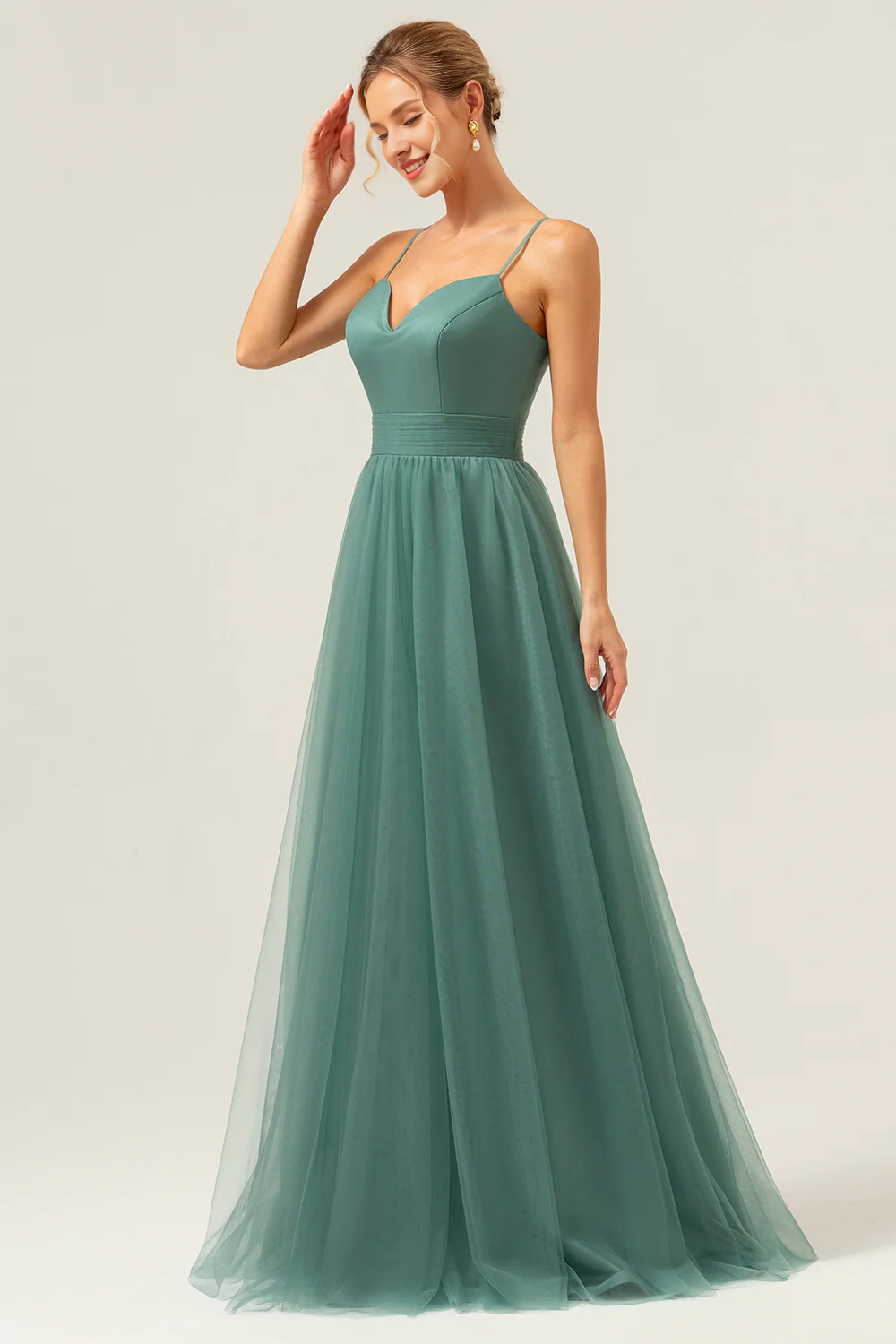 Eucalyptus A-line thin shoulder strap pleated decoration and ground length bridesmaid dress