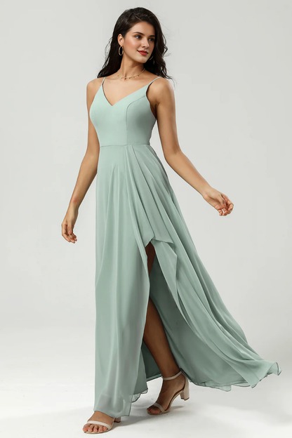 A-line slim shoulder strap V-neck and floor length slit chiffon bridesmaid dress