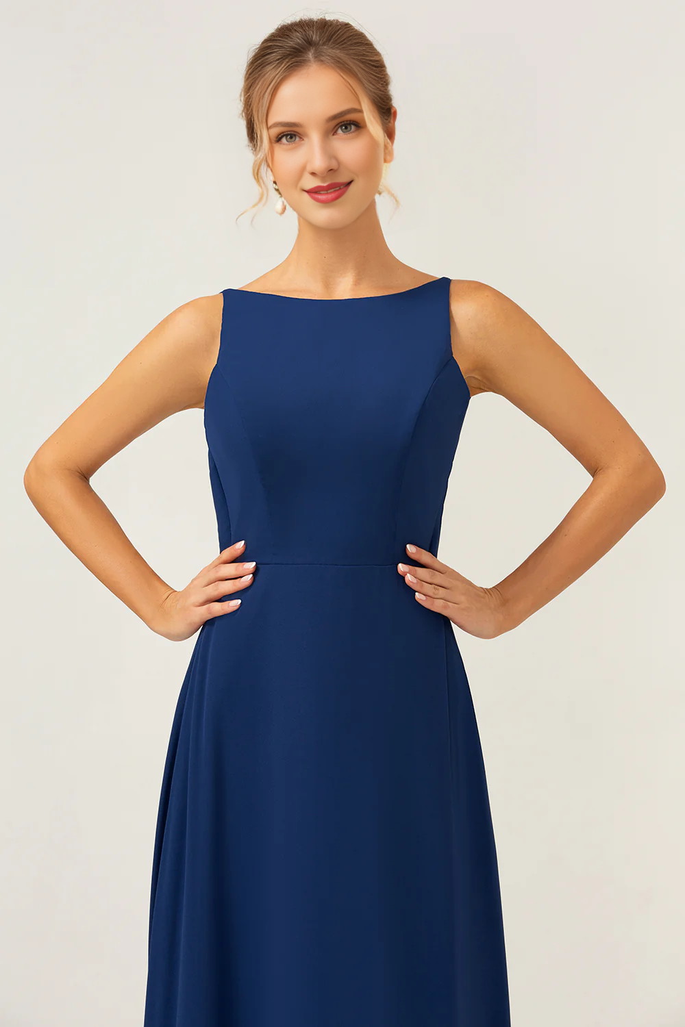 Fish tail backless long chiffon navy blue sleeveless bridesmaid dress