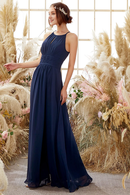 Navy Blue Neck Hanging Chiffon Bridesmaid Dress