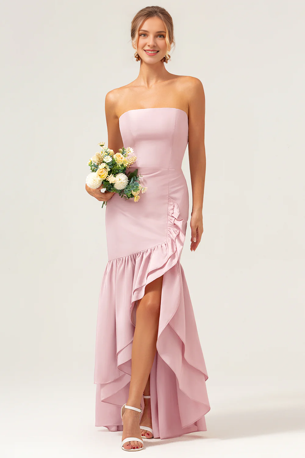 Lotus leaf edge slit pink fish tail strapless asymmetrical bridesmaid dress