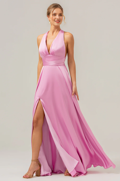 Pink A-line deep V-neck lace up back long slit satin bridesmaid dress