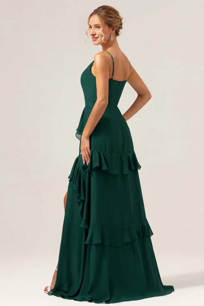 Deep green A-line V-neck ruffled chiffon layered and floor length slit bridesmaid dress