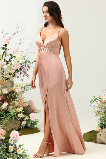 Powder blusher A-line thin shoulder belt bright slit satin bridesmaid dress