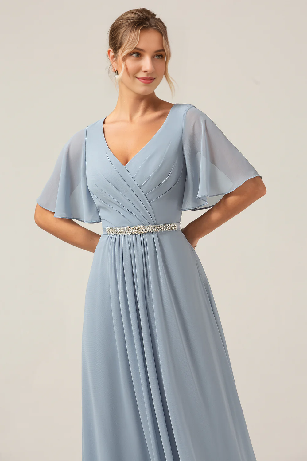 Grey blue A-line V-neck chiffon short sleeved and floor length bridesmaid dress