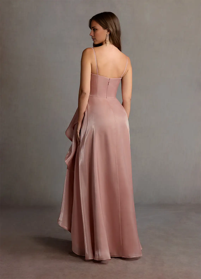 Strapless satin chiffon ruffles and floor length evening gowns