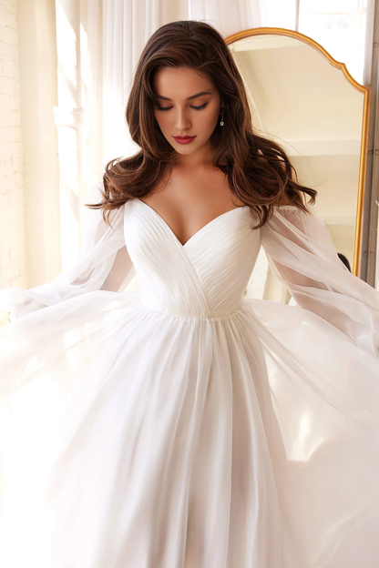 White A-line long sleeved chiffon and floor length dress