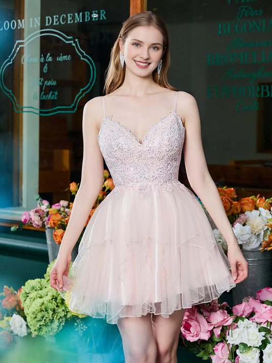 V-neck applique pleated chiffon short ball gown