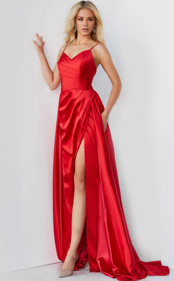 A-line V-neck spaghetti straps backless side slit evening dress