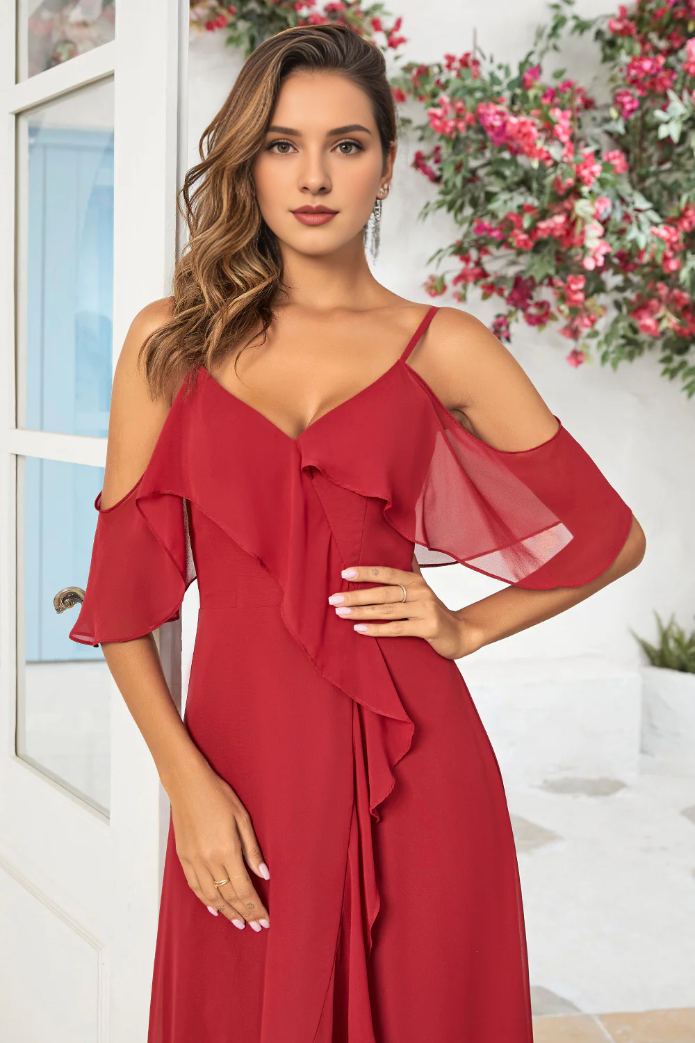 Wine red ruffled asymmetrical off shoulder long bridesmaid dress