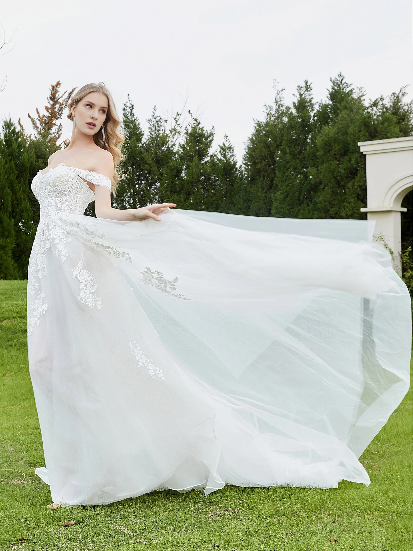 Embroidered off shoulder A-line wedding dress