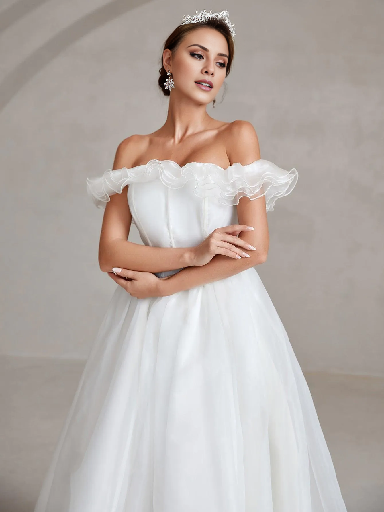 Off shoulder satin tight corset and floor length wedding dress