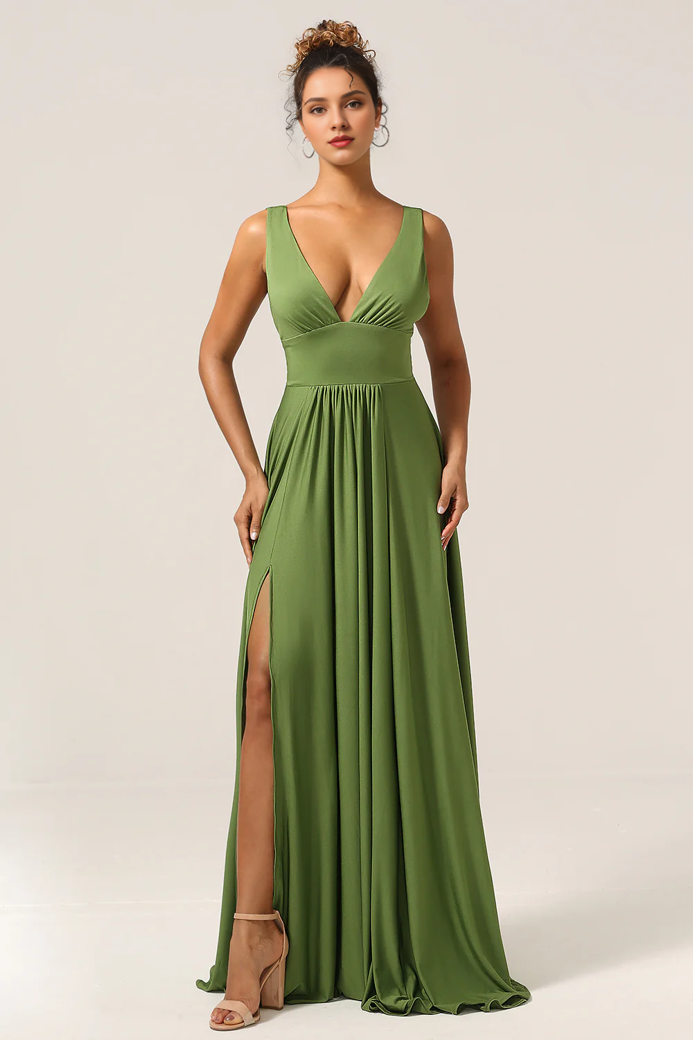 Olive A-line deep V-neck spandex and floor length slit bridesmaid dress