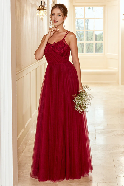 Wine red A Line thin shoulder lace chiffon wedding party dress