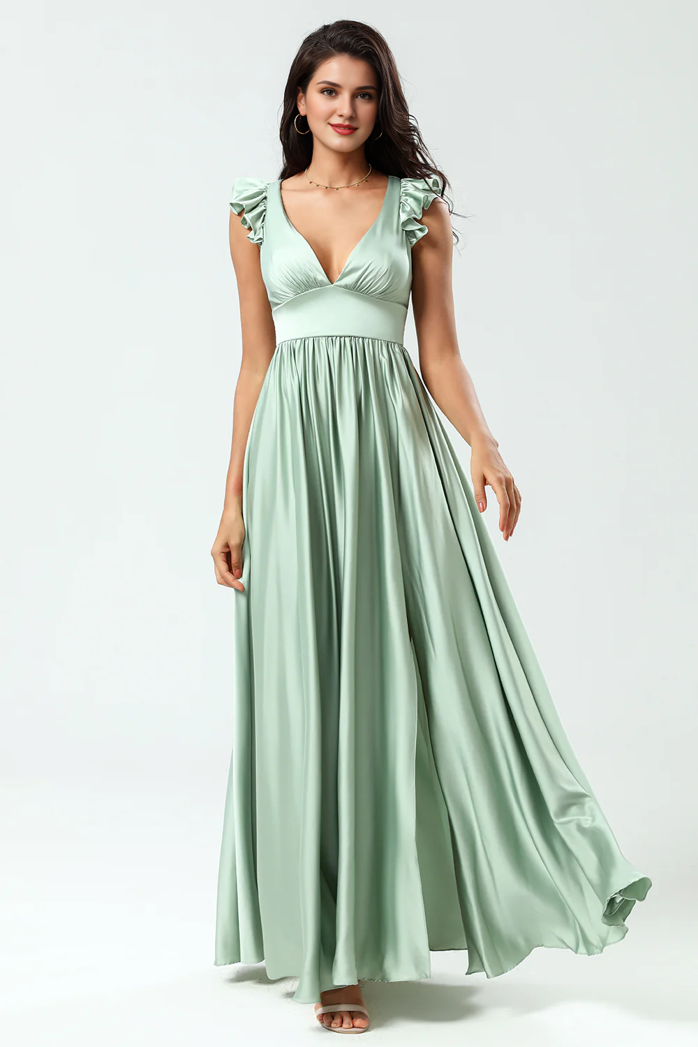 Backless deep V-neck A-line ruffled green split bridesmaid dress