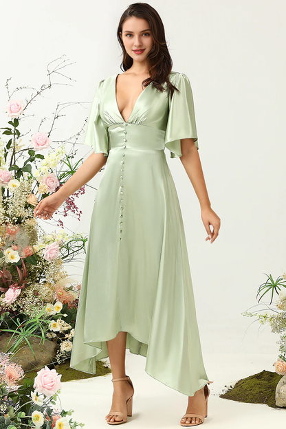 Dusty Sage A-line deep V-neck half sleeved bridesmaid dress