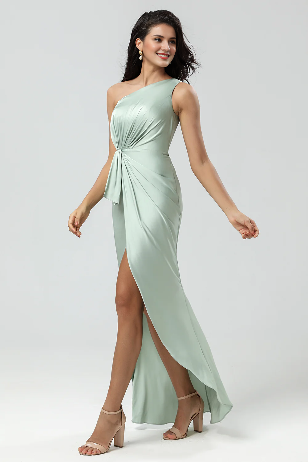 Lotus leaf edge fish tail one shoulder pleated matcha bridesmaid dress