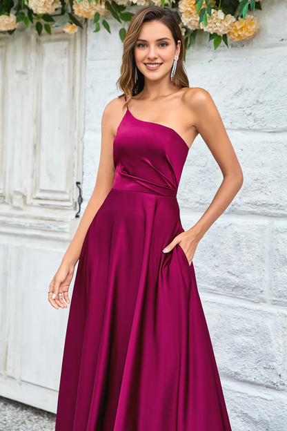 Wine red A-line shoulder to floor length satin bridesmaid dress