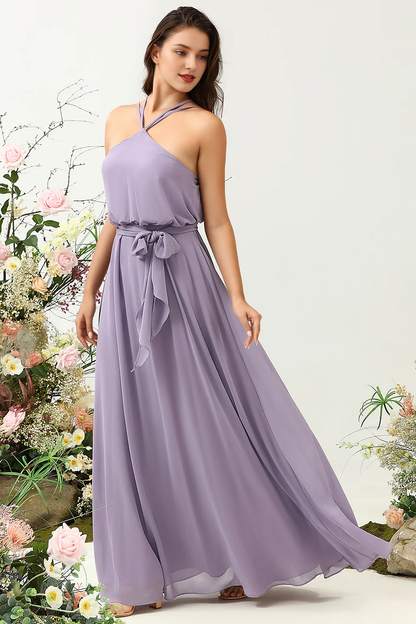 Grey purple A-line bow hanging neck long bridesmaid dress