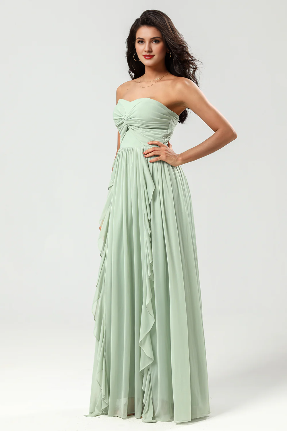 Dusty Sage A Line Sweetheart Long Knitted Chiffon Ruffle Bridesmaid Dress