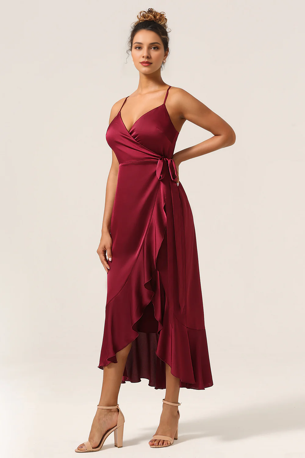 Wine red ruffled asymmetrical thin shoulder bridesmaid dress