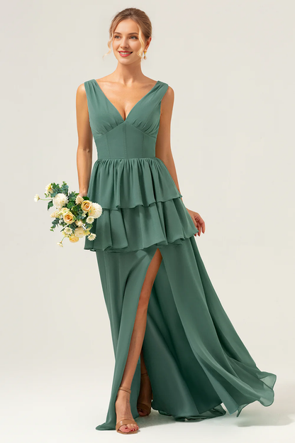 Eucalyptus A-line V-neck layered long ruffled bridesmaid dress