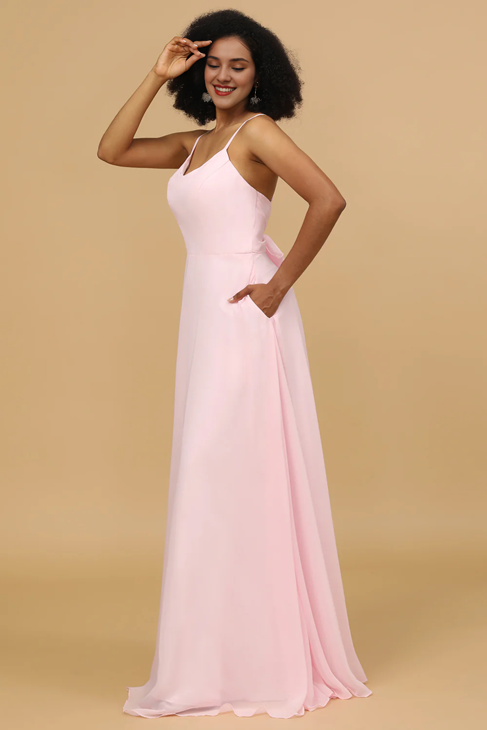 Pink tight fitting/straight thin shoulder strap long chiffon bridesmaid dress