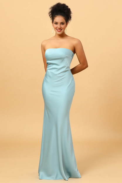 Sky blue backless fish tail strapless and satin bridesmaid dress