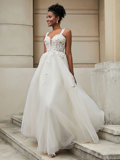 V-neck floral decal chiffon wedding dress