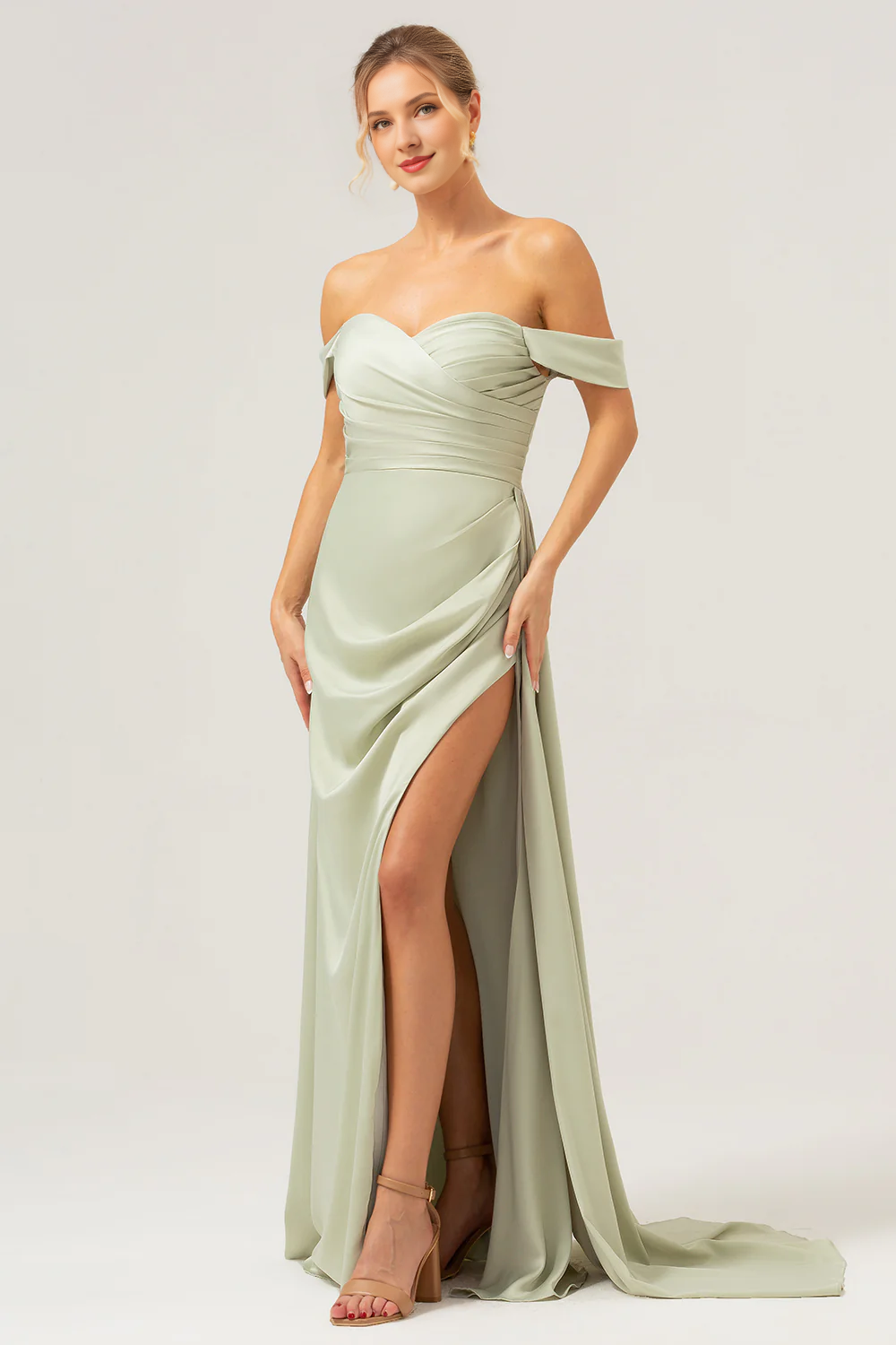 Fashionable sage mermaid off shoulder pleated satin slit long bridesmaid dress